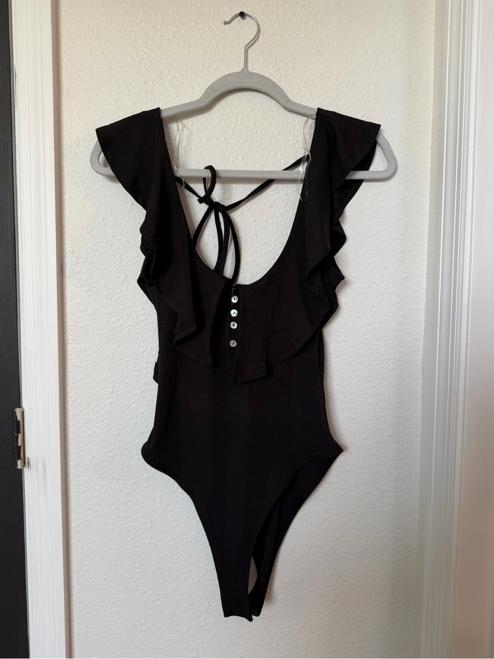 Forever 21 Black Ruffle-Trim Bodysuit with Tie Back